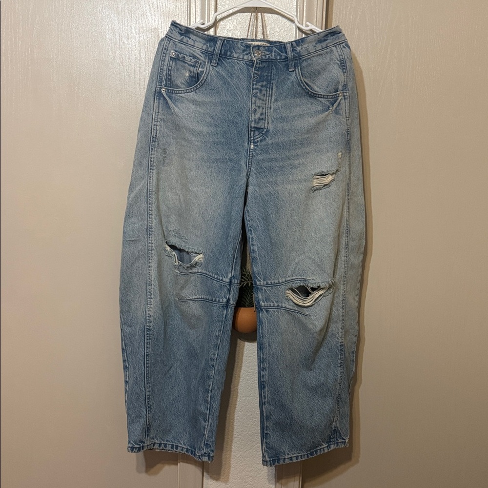 We The Free Light Wash Distressed Wide Leg Jeans